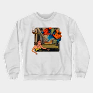 Woman scared of ghost in ghost hall Crewneck Sweatshirt